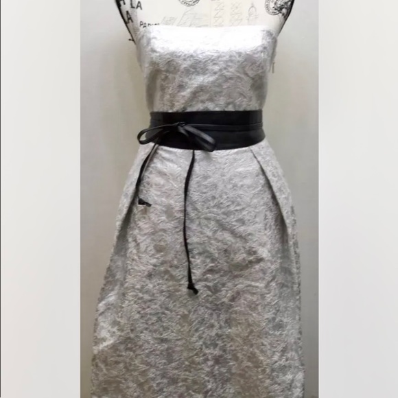 NWT Lord & Taylor Strapless Midi Dress Ball Prom Metallic Silver 6 Gown Jacquard - Picture 3 of 13
